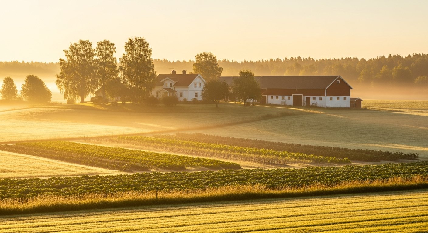 A small Nordic farm in golden morning mist