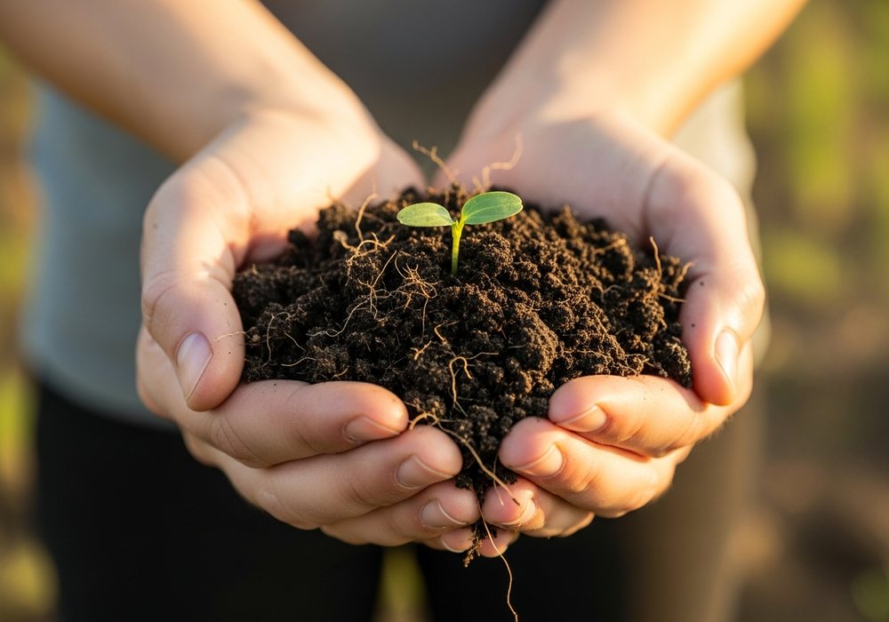 Hands holding living soil with a seedling